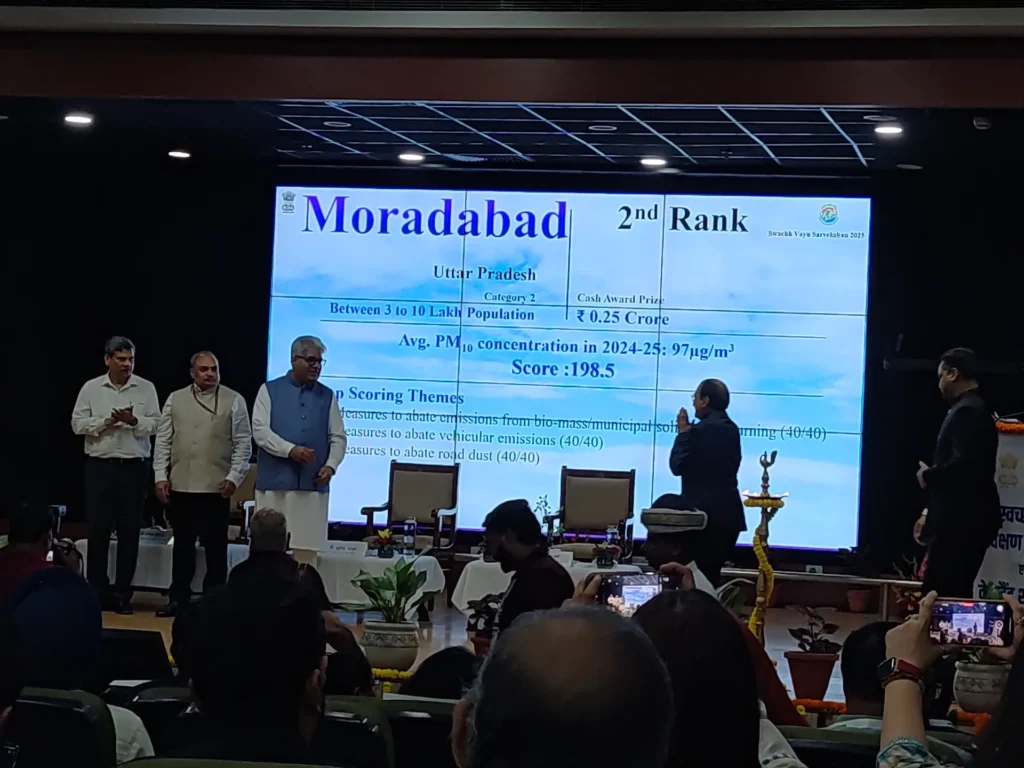 Representatives on stage beneath the Moradabad ranking screen.