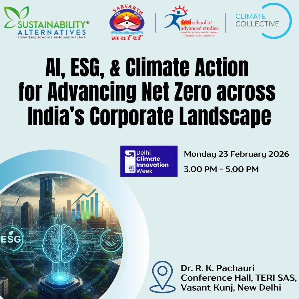 Square event poster for AI, ESG and Climate Action, 23 February 2026, 3–5 PM, at TERI SAS, New Delhi.